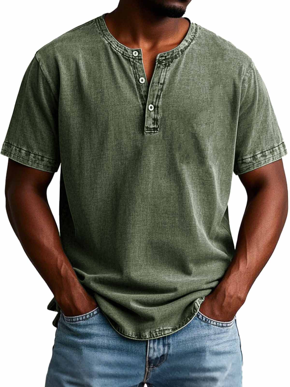 Herrenmode Vintage Verwaschenes Kurzarm-Henley-Shirt-deurabatt