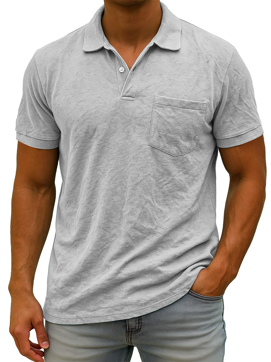 Herren Daily Wildleder Freizeit Revers Tasche Komfort Kurzarm POLO Hemd-deurabatt