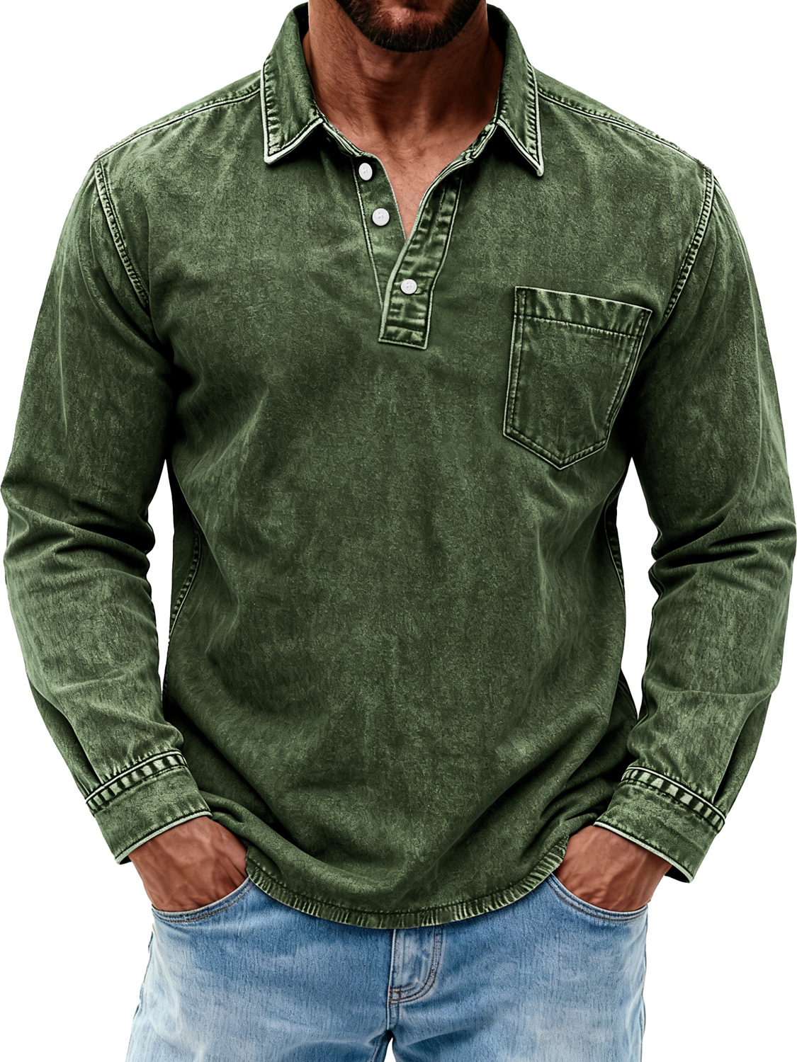 Herren Retro Gewaschen Freizeit Polohemd mit Umlegekragen und Knöpfen-deurabatt