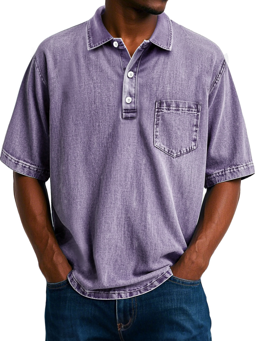 Herren Vintage 100% Baumwolle gewaschenen abgenutzten Revers Tasche lässigen Kurzarm POLO Hemd-ZierMode