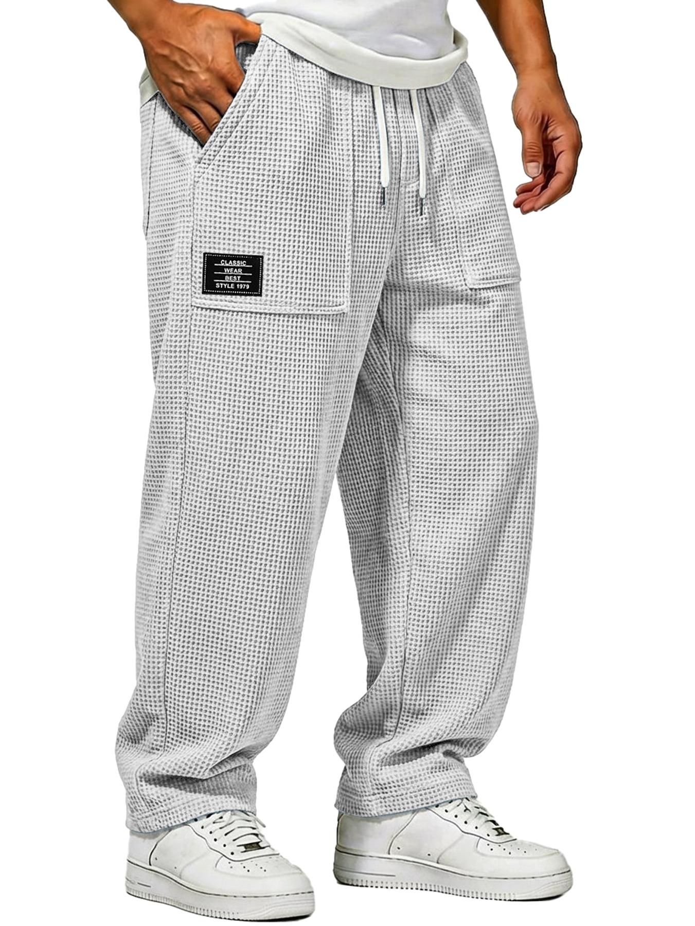 Herren Waffelstrick Freizeitlockere Hose mit aufgesetzten Taschen und gesticktem Logo-deurabatt