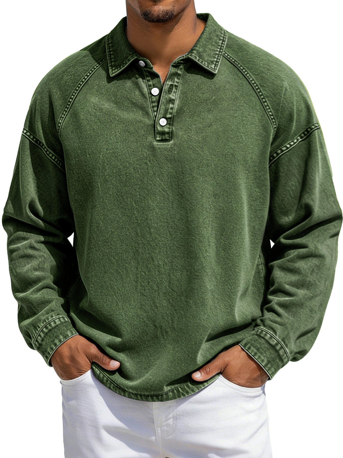 Herren Vintage-Stil Revers Knopf-auf Raglan Ärmel Freizeit Langarm Polo-Shirt-deurabatt