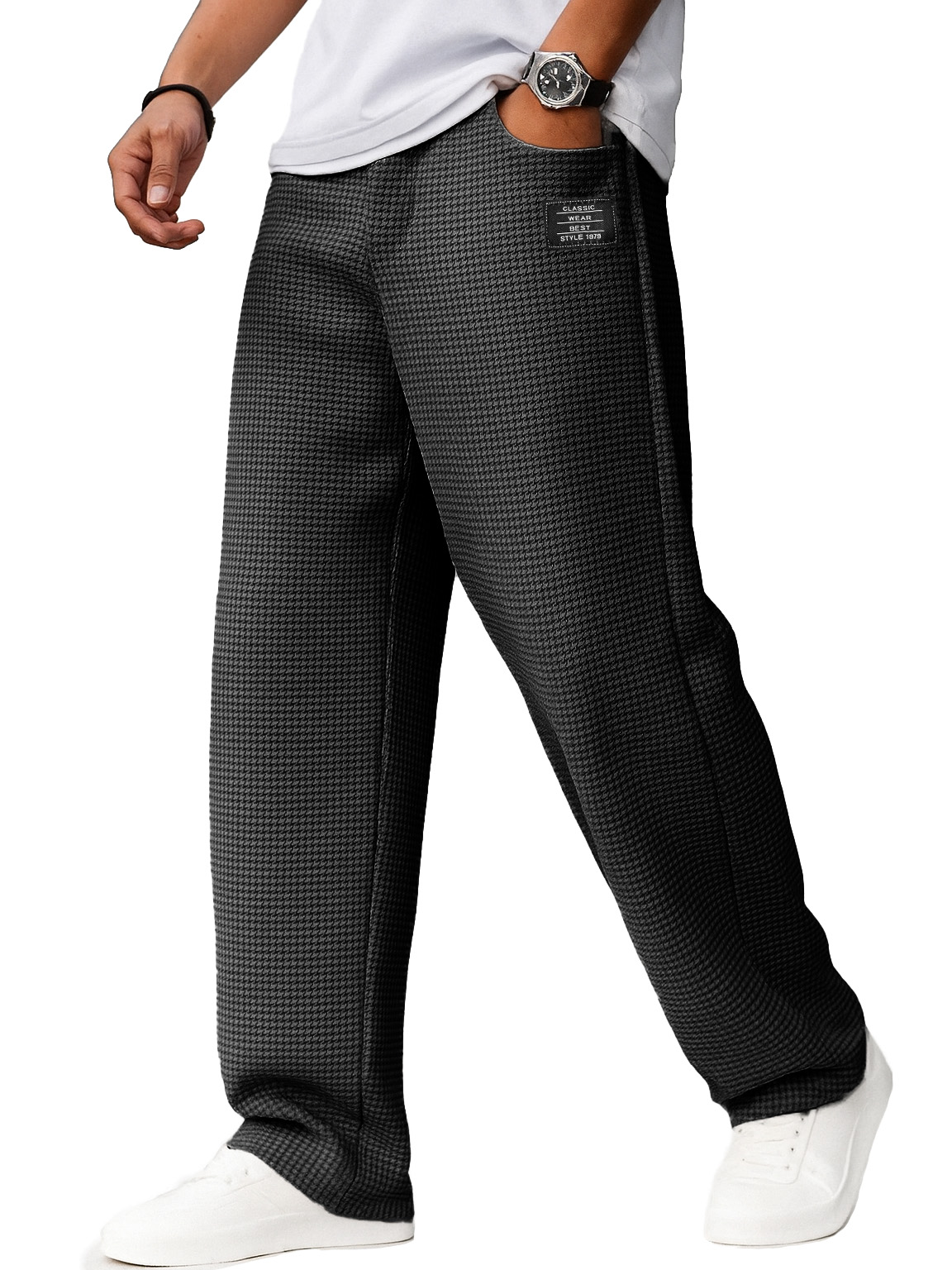 Herrenmode Alltags-Waffelstoff Besticktes Logo Kordelzug Lockere Elastische Taille Taschenhose-ZierMode