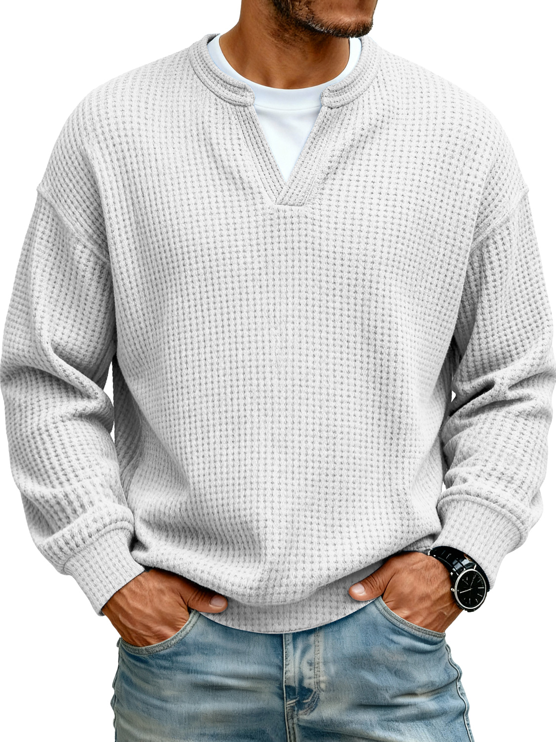 Herren Einfaches Waffel V-Ausschnitt Fake Zweiteiliges Lässiges Langarm-T-Shirt-deurabatt
