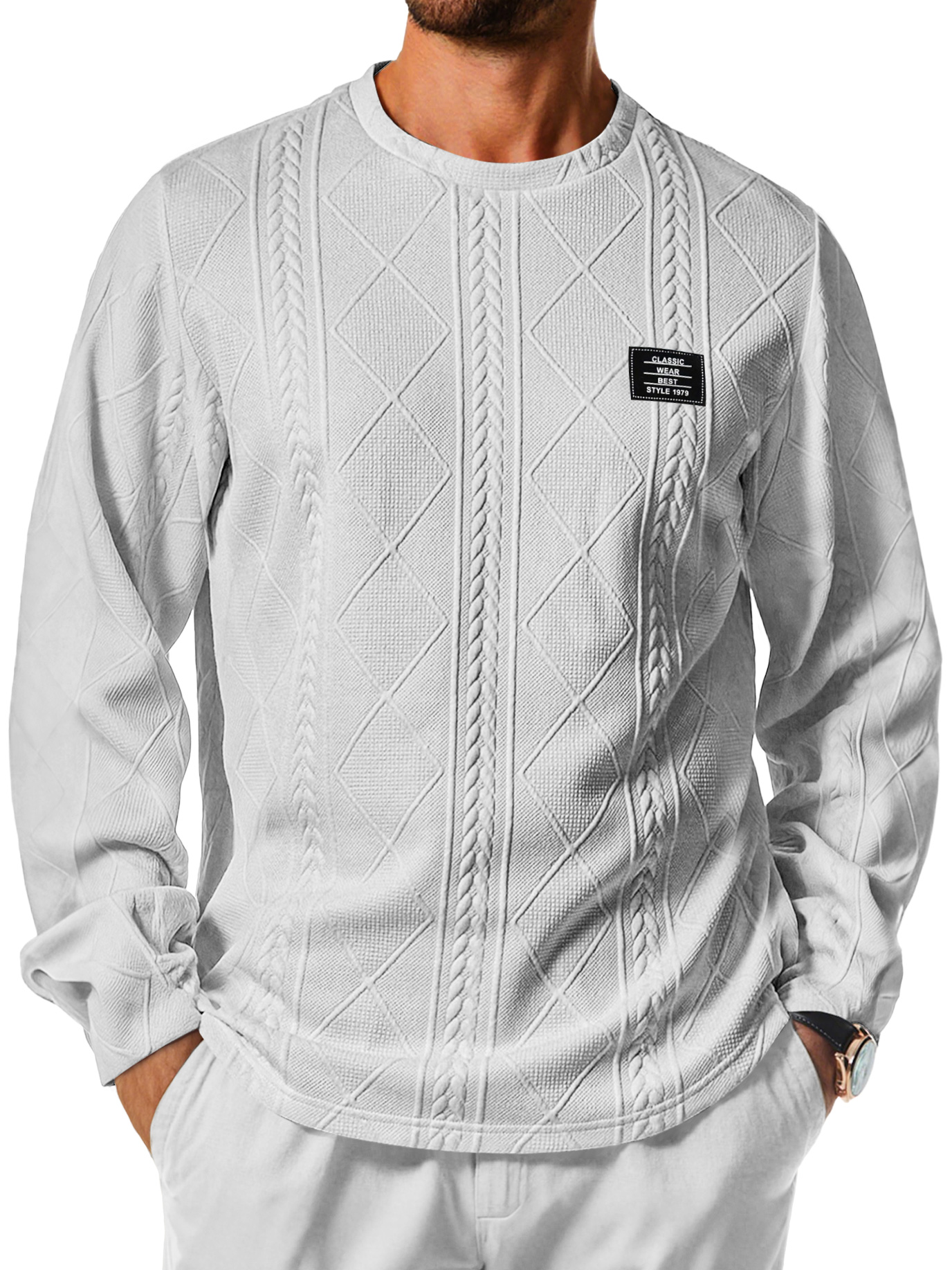 Herren Daily Rundhals Jacquard-Textur Besticktes Logo Lässiges Langarm-T-Shirt-deurabatt