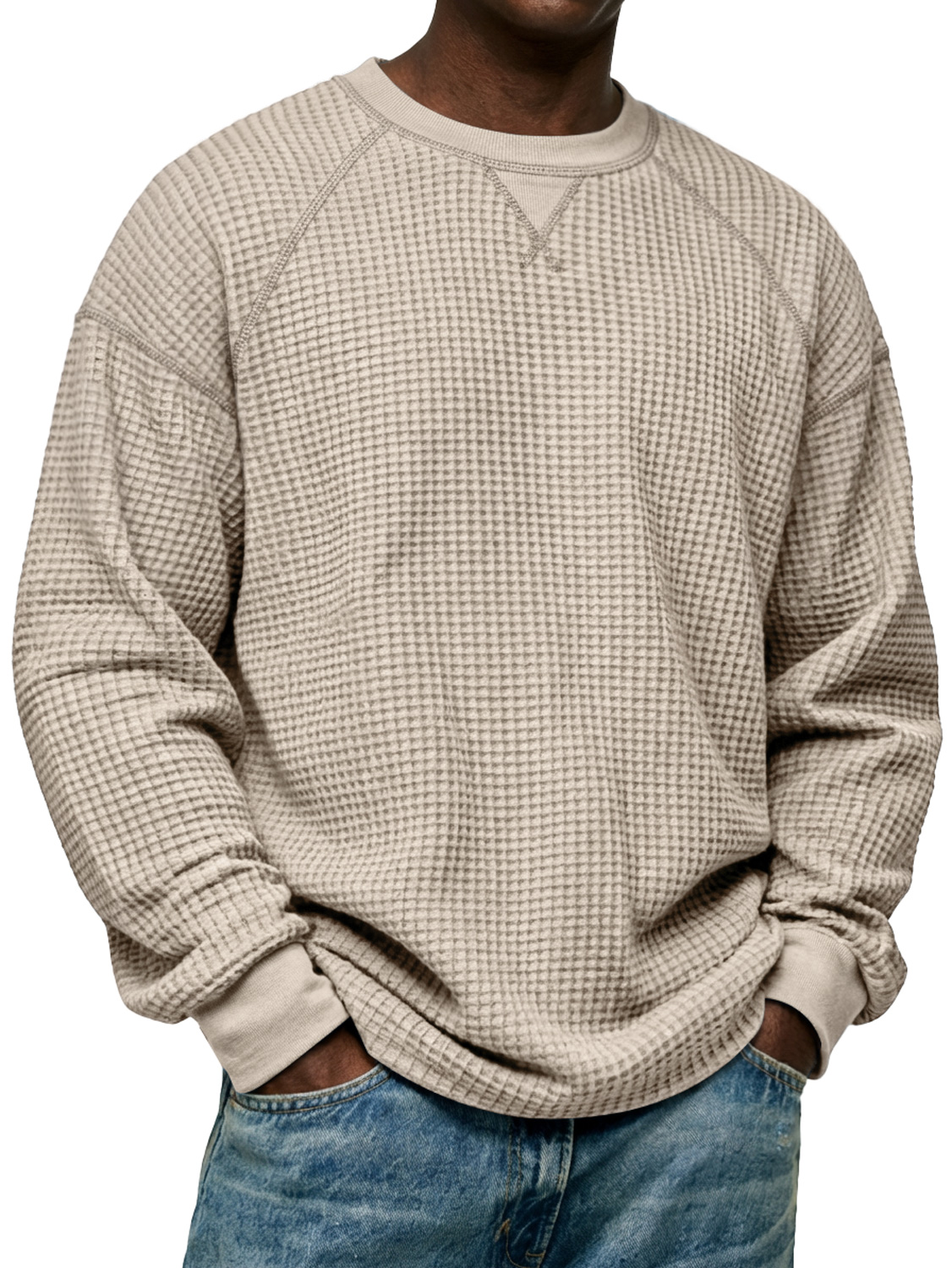 Herren Einfaches Waffelstrick Rundhals Raglanärmel Langarm-T-Shirt-deurabatt