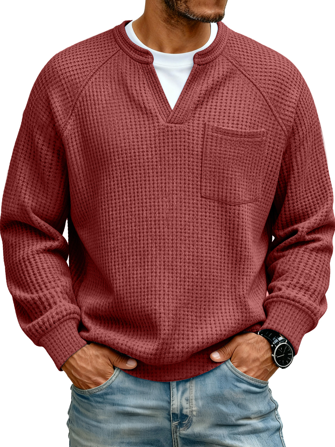 Herren Raglan Waffelstrick Faux Zwei-Teile Freizeit Tasche Langarm T-Shirt-deurabatt