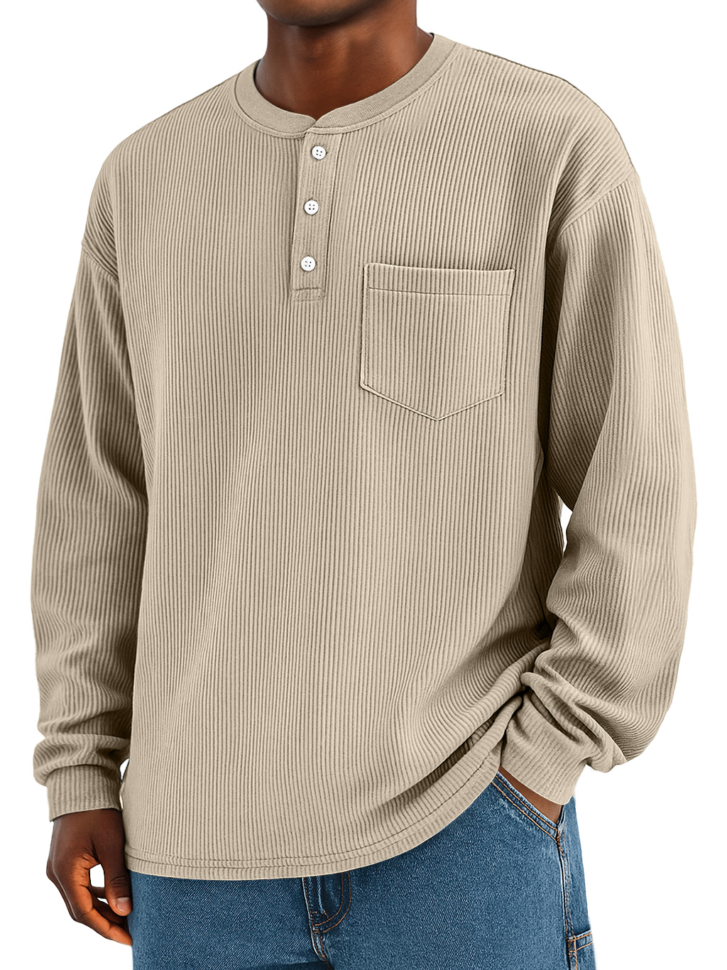 Männliches modisches Alltags-Ripp-Taschen-Casual Langarm-Henley-Shirt-deurabatt