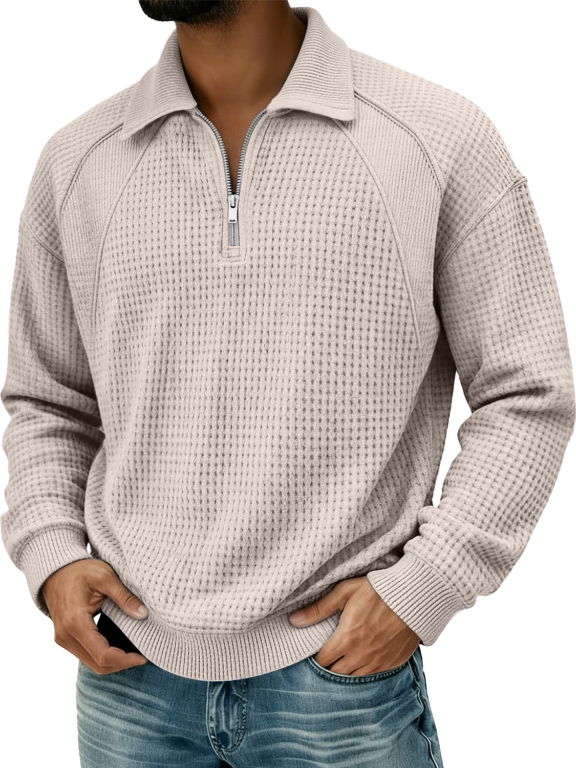 Herren Waffel Revers Reißverschluss Design Split Naht Polo Shirt-deurabatt