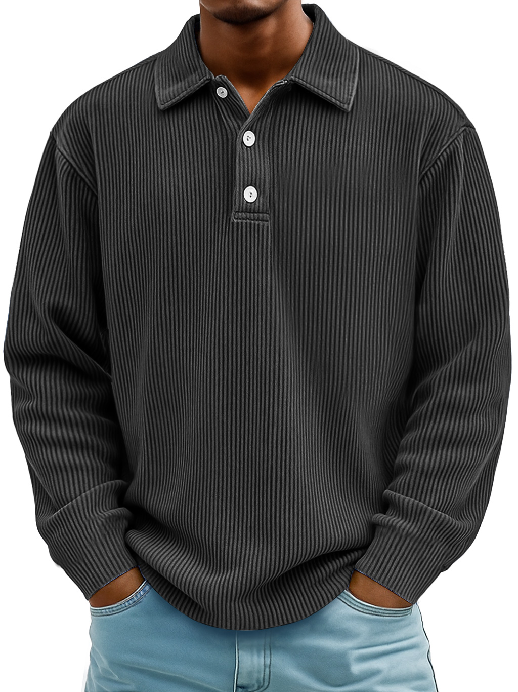 Herren Daily Casual Rippkragen Knopf-down Lockere Langarm Polohemd-deurabatt