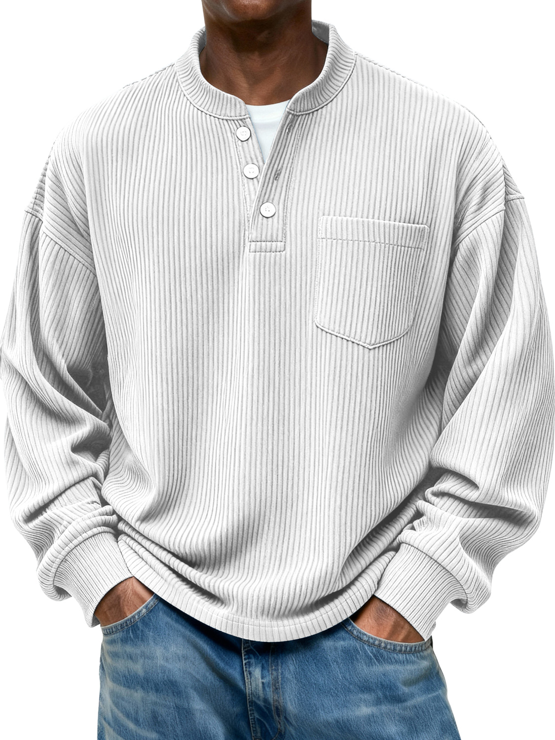 Herren Stehkragen Knopf Ripp Casual Tasche Langarm Henley Shirt-deurabatt
