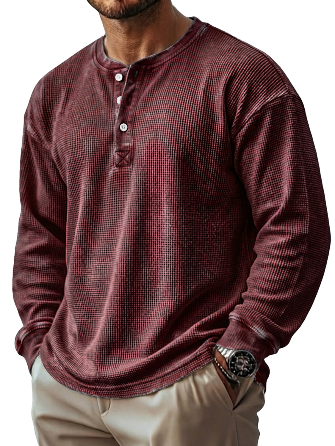 Herren Vintage Waffelstrick Langarm-Henley-Shirt-deurabatt