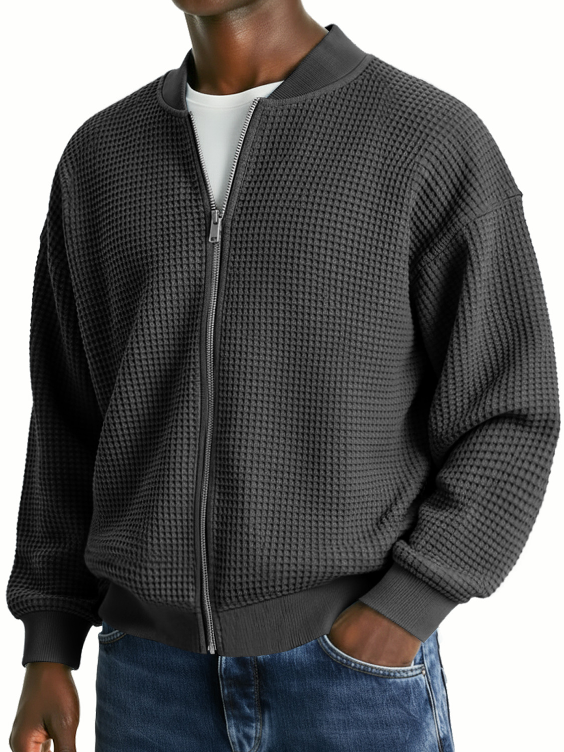 Herren-Waffelstrickjacke, lässig, locker, mit Reißverschluss-deurabatt