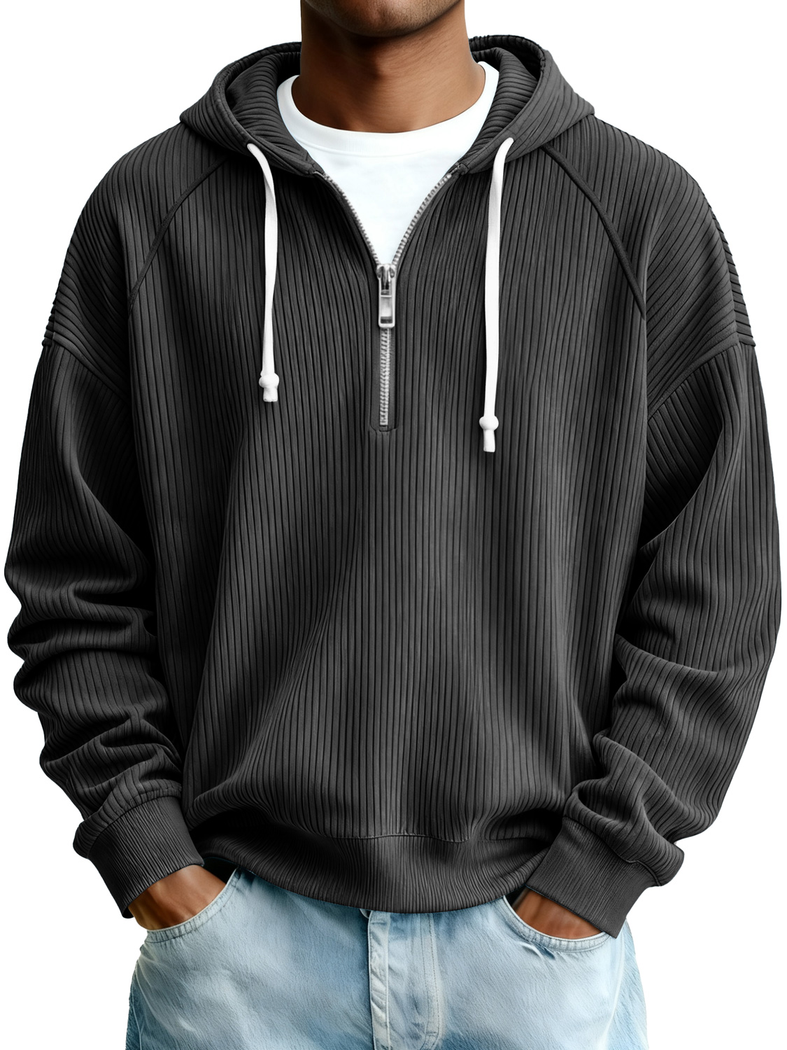 Herren Einfaches Rippstrick Reißverschluss Kapuzen Sweatshirt-deurabatt