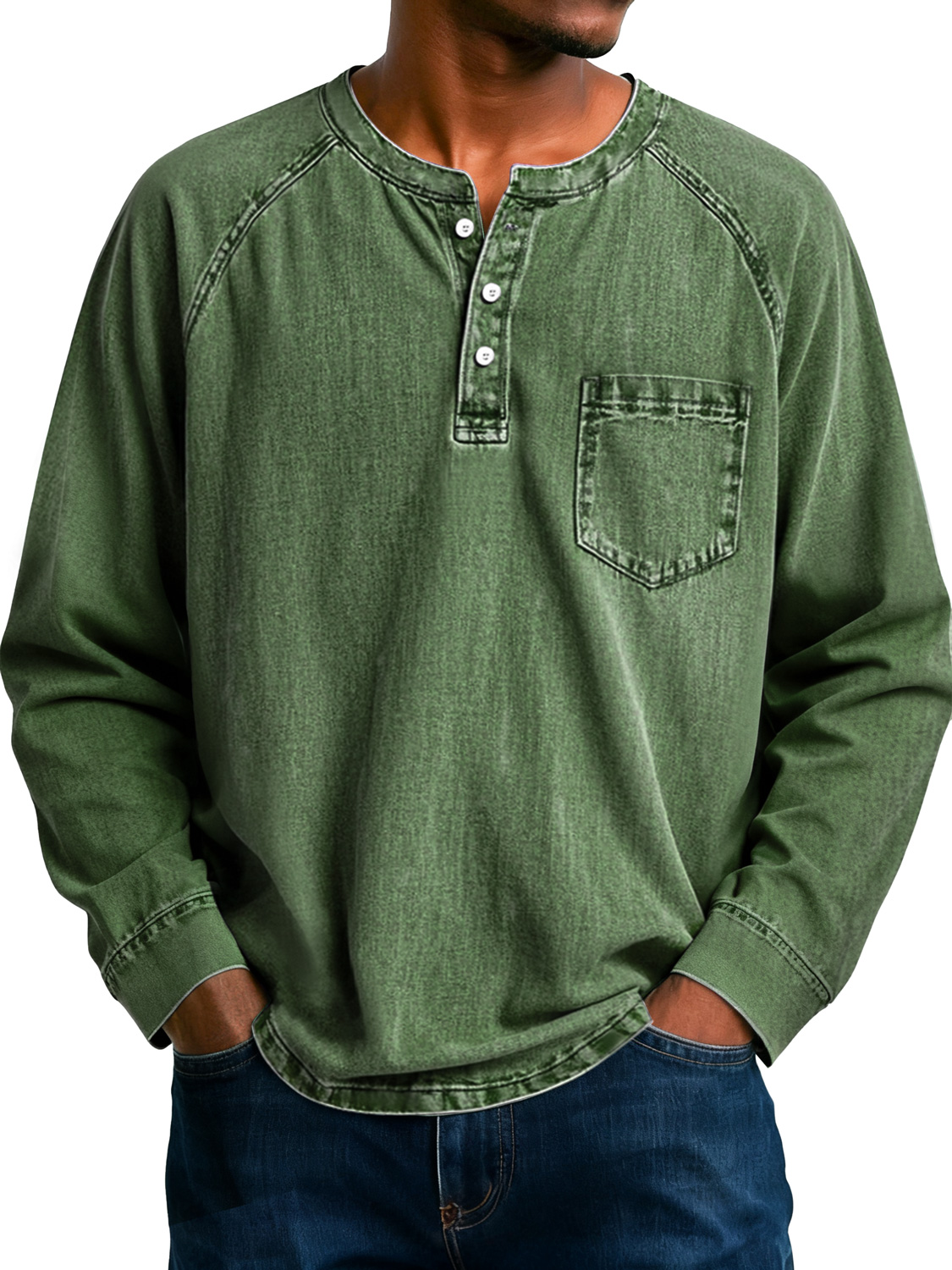 Herren Retro Raglan Tasche Lässiges Langarm-Henley-Shirt-deurabatt