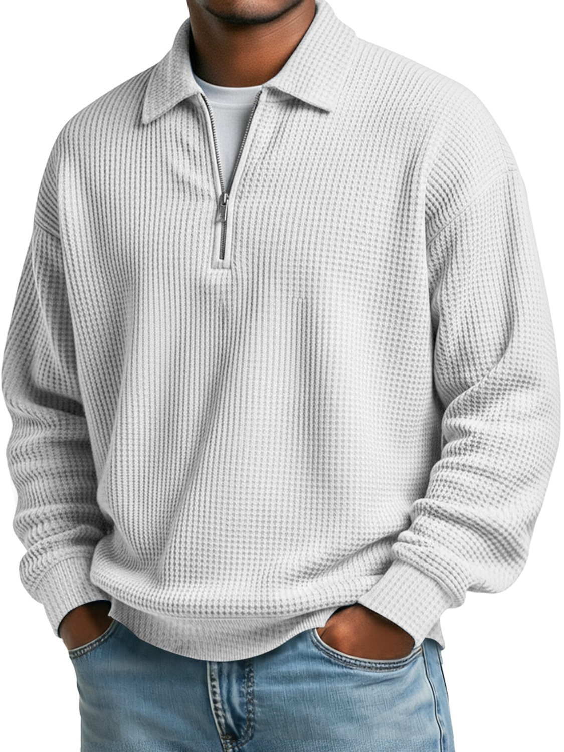 Einfaches Waffelkragen Reißverschluss Freizeit Poloshirt in einfarbig-deurabatt