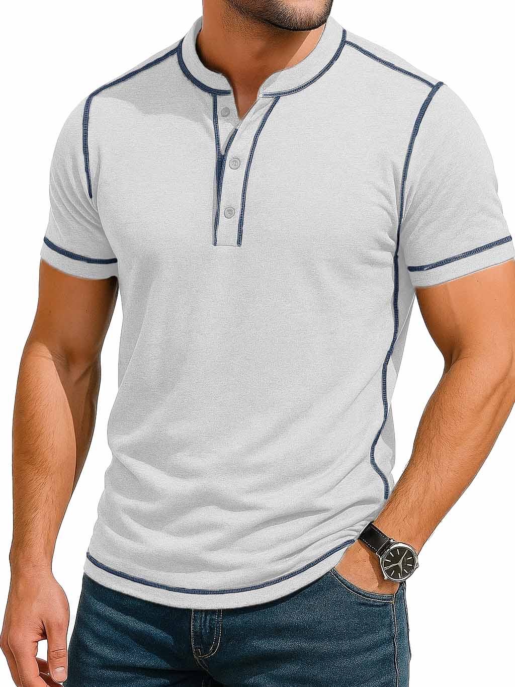 Herrenmode Retro Kontrastfarbe Linie Kurzarm Henley Shirt-deurabatt