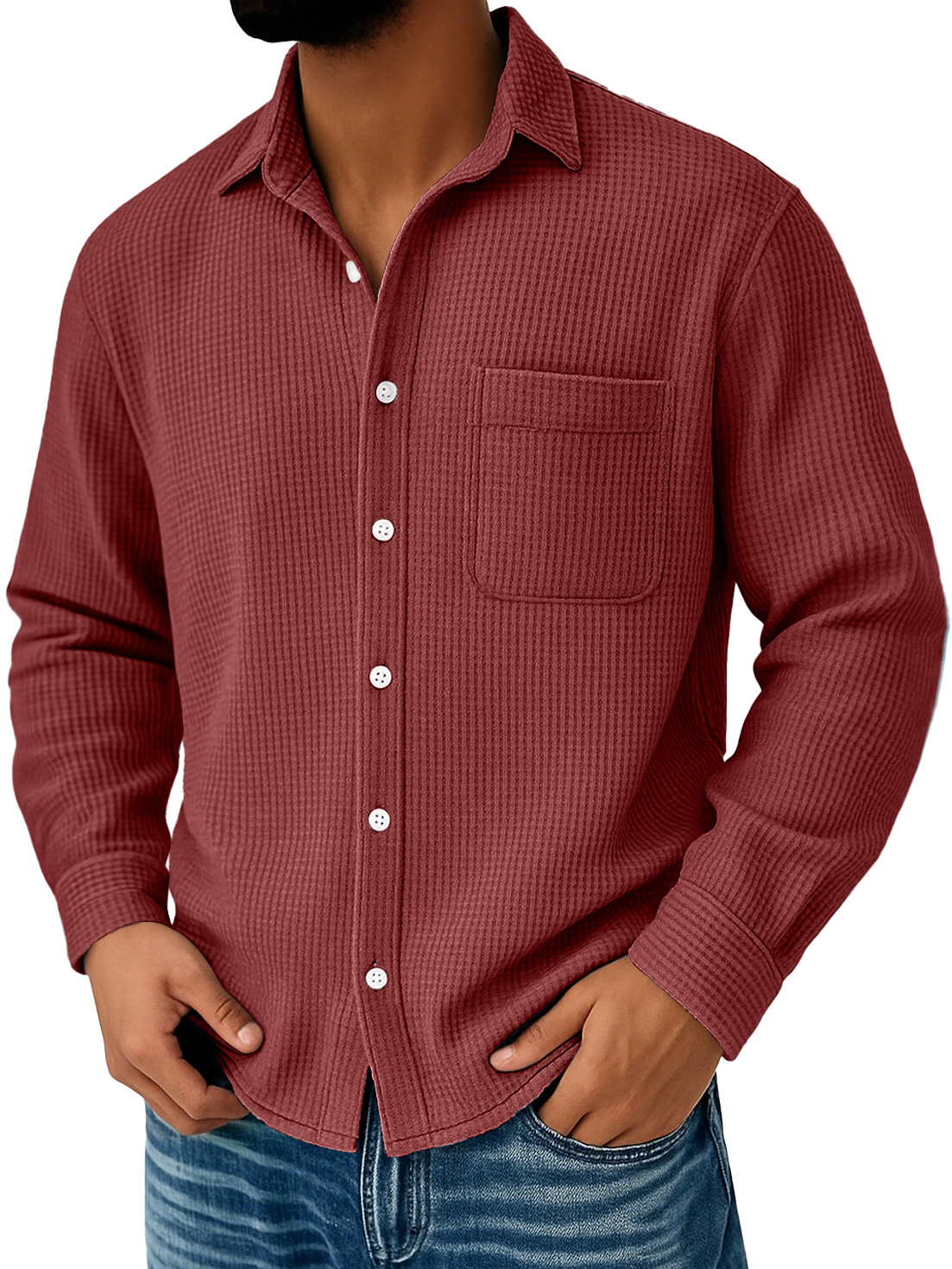 Herren Alltags Waffel Freizeit Tasche Komfort Langarmshirt-deurabatt
