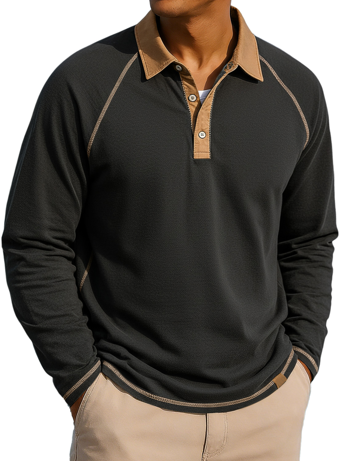 Herren Revers Knopf-auf Farbblock Raglan Ärmel Freizeit Langarm Polohemd-deurabatt