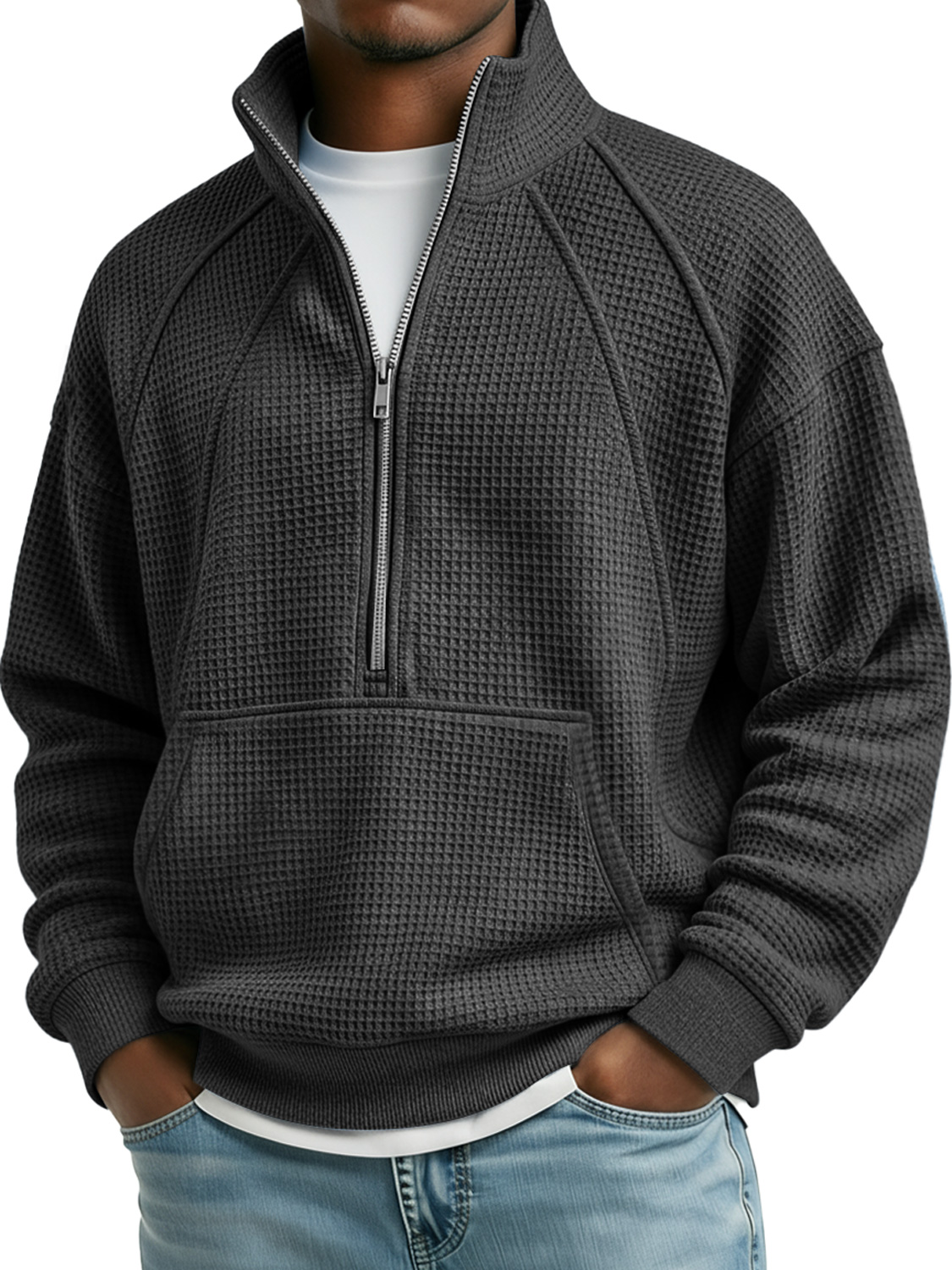 Herren Waffel Stehkragen Reißverschluss Raglan Freizeit Tasche Sweatshirt-deurabatt