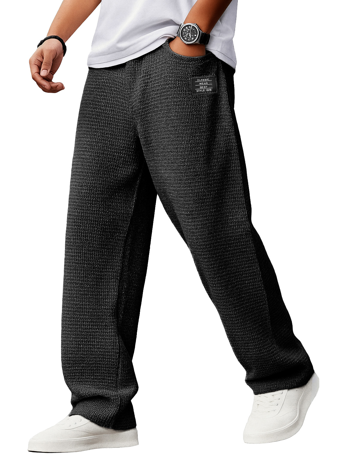 Herren Stylische Alltags-Waffelstoff-Hosen mit lockerer Passform, Kordelzugbund und gesticktem Logo-ZierMode