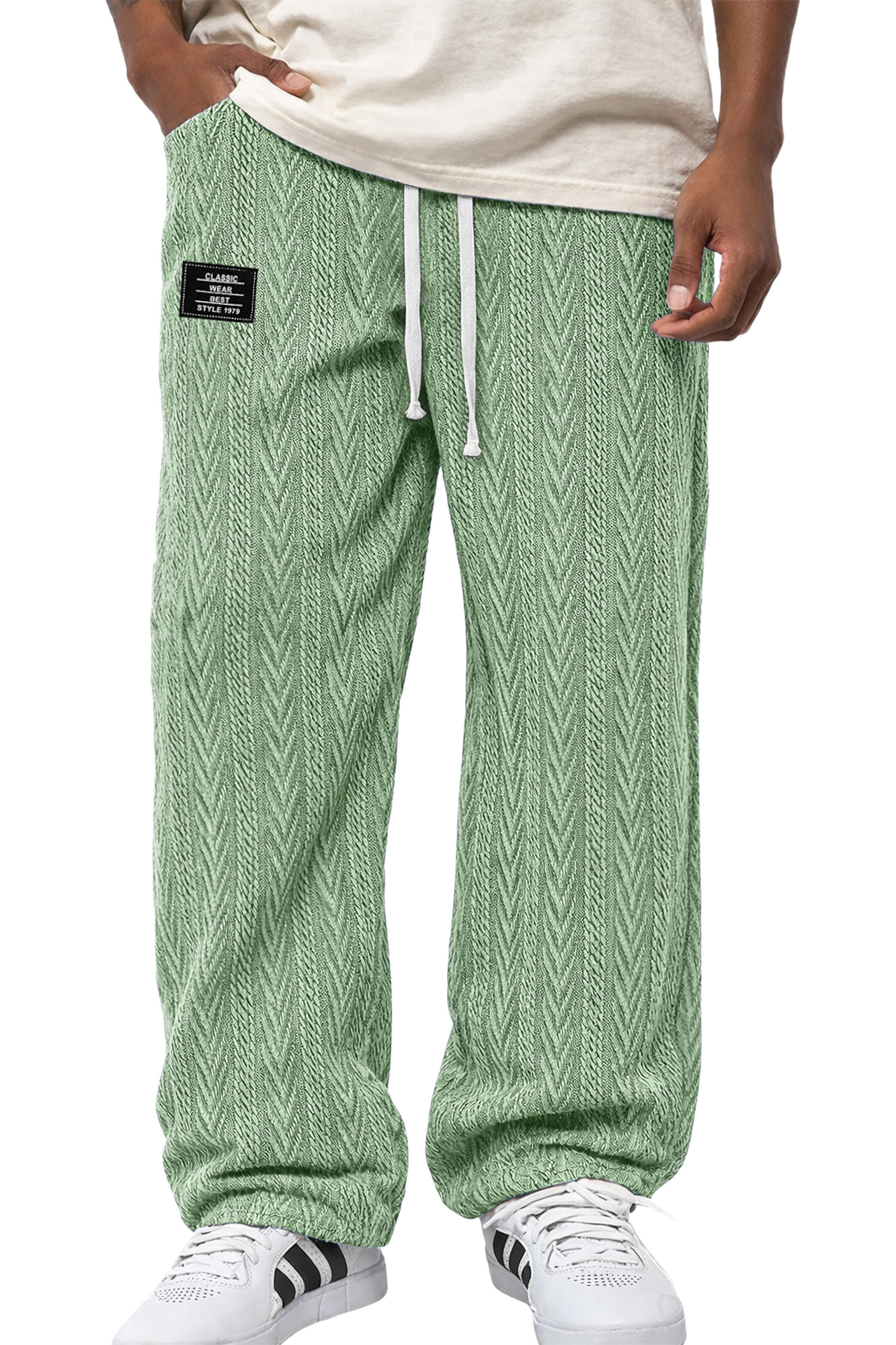 Herren Freizeit Jacquard Strukturierte Bestickte Logo Elastischer Bund Lockere Hose-deurabatt
