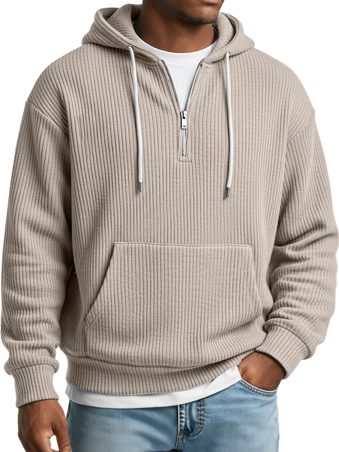 Herren Einfaches Geripptes Texturiertes Kapuzen-Sweatshirt mit Reißverschluss in Lässiger Lockere Passform-ZierMode
