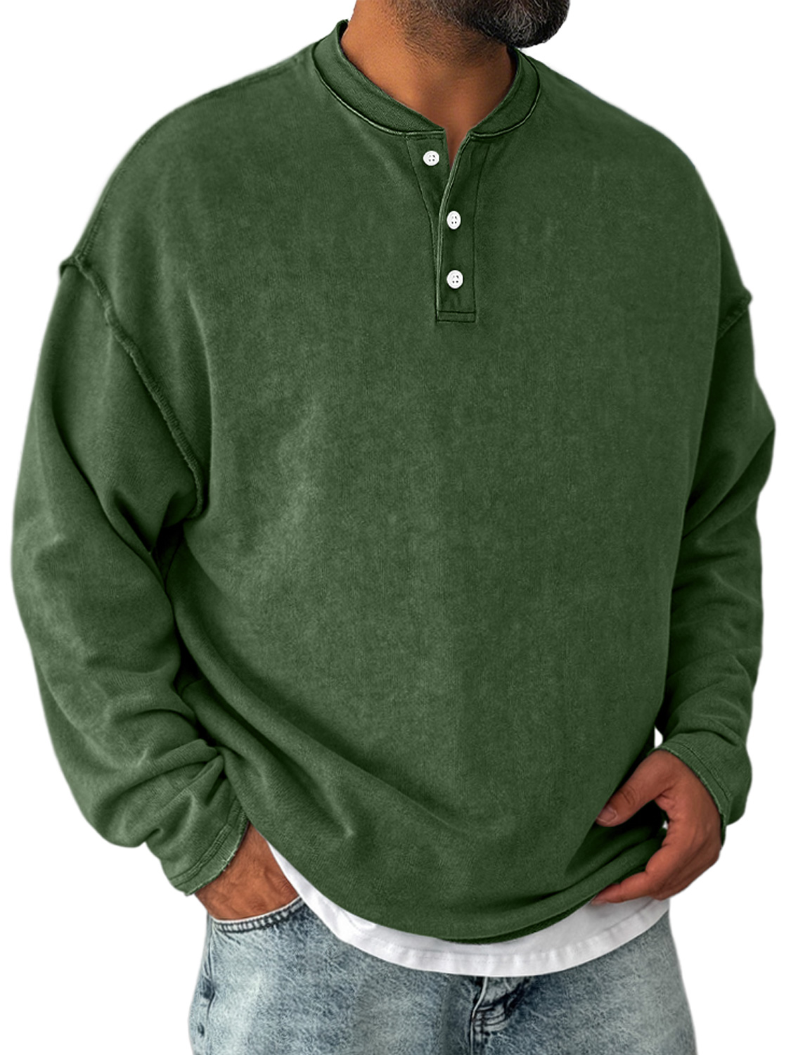 Herren Retro Freizeit Stehkragen Knopf-Down Langarm Henley Shirt-deurabatt