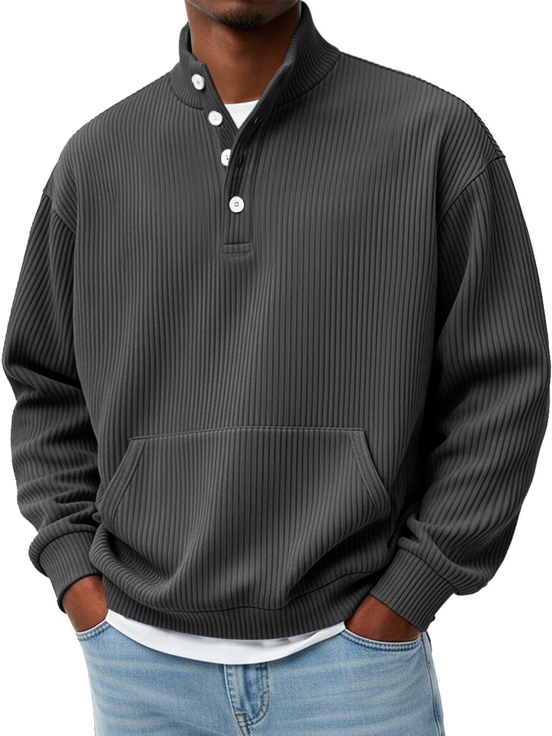 Herren Einfaches Rippkragen Knopf Freizeit Lockeres Sweatshirt-deurabatt
