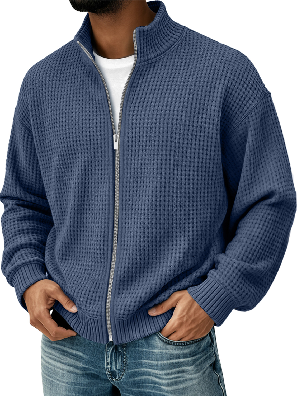 Herren Einfacher Stehkragen Waffel Freizeit Zip-Up Jacke-deurabatt