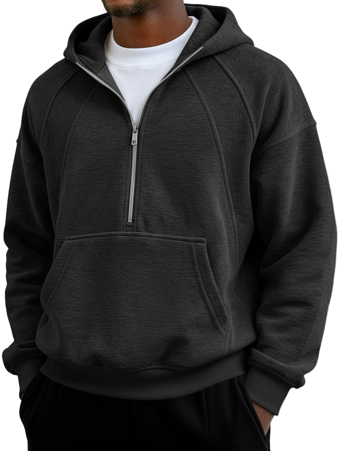Herren Einfaches Raglanärmel Patchwork Reißverschluss Kapuzen Freizeit Tasche Sweatshirt-deurabatt