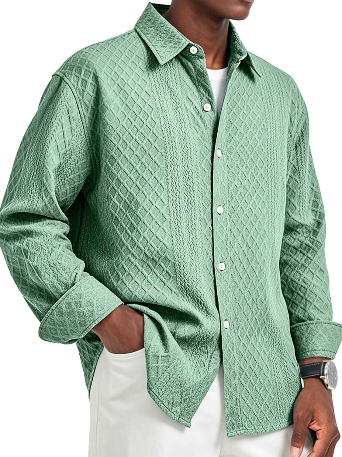 Herren Daily Jacquard Struktur Freizeit Revers Langarmhemd-deurabatt