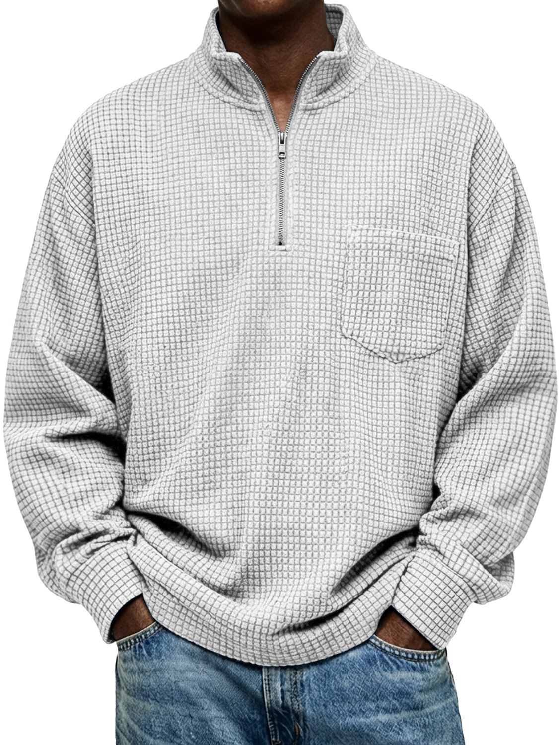 Herren Vintage Kleine Karomuster Stehkragen Reißverschluss Freizeit Langarm T-Shirt mit Taschen-deurabatt