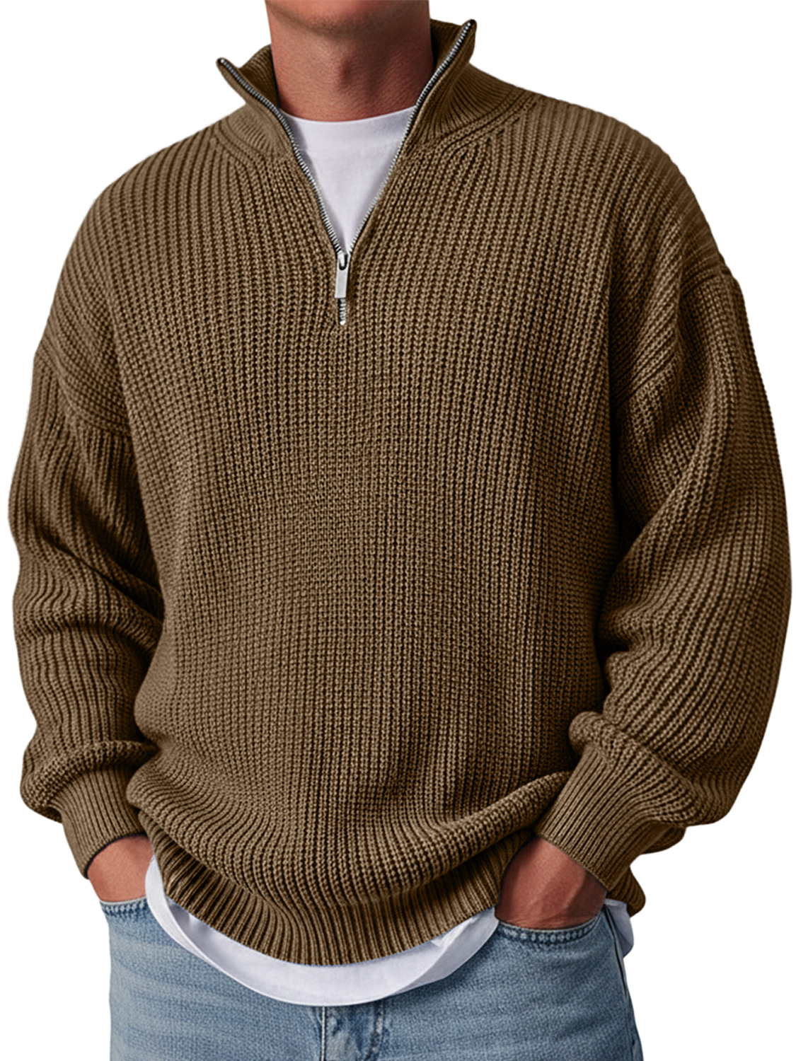 Herren Einfacher Lässiger Lockere Stehkragen Reißverschluss Einfarbiger Pullover-deurabatt