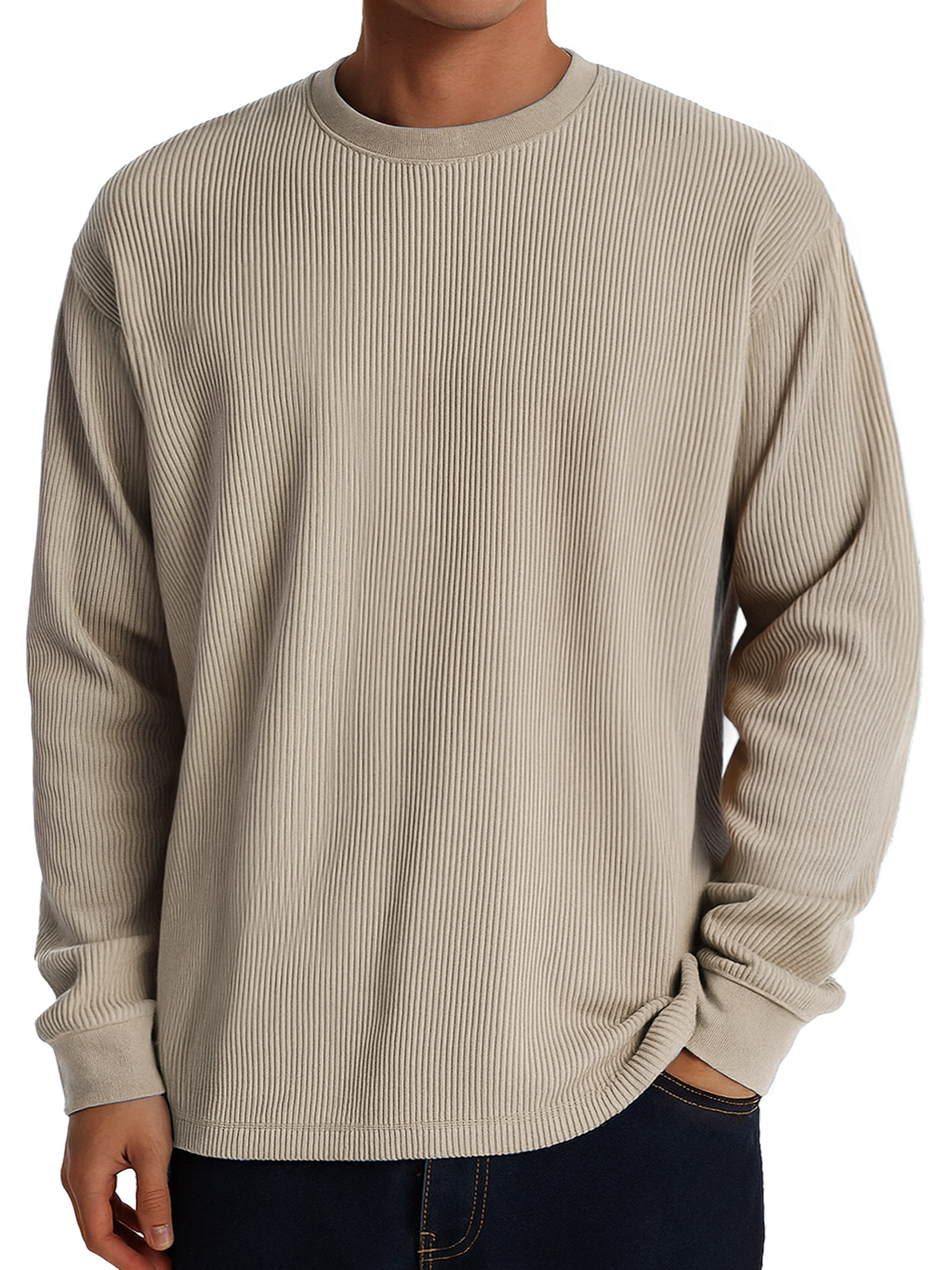 Herren Freizeit Rundhals Ripp Komfortabel Langarm T-Shirt-deurabatt