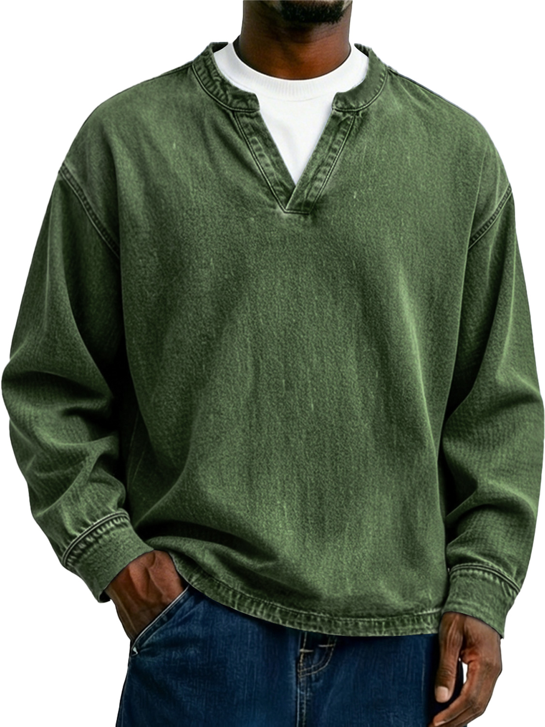 Herren Vintage-Stil Freizeit Langarm-T-Shirt mit einem Faux-Zweiteiler Doppelkragen-Design-deurabatt