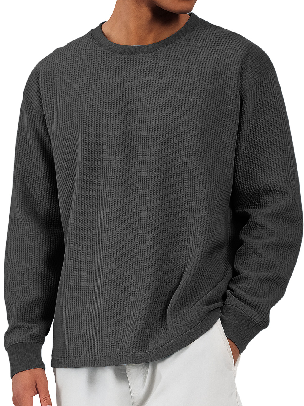 Herren Freizeit Waffel Rundhals Bequem Langarm T-Shirt-deurabatt