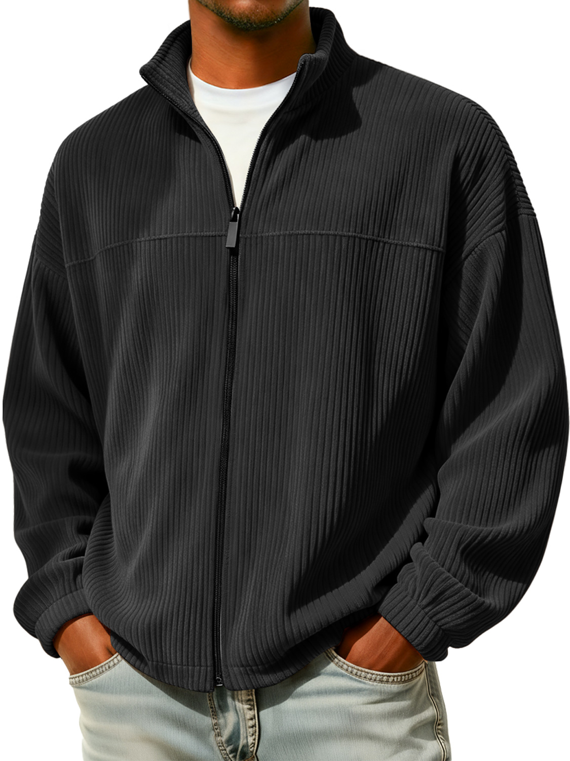 Herren einfache Stehkragen Reißverschluss Cord-Jacke casual-deurabatt