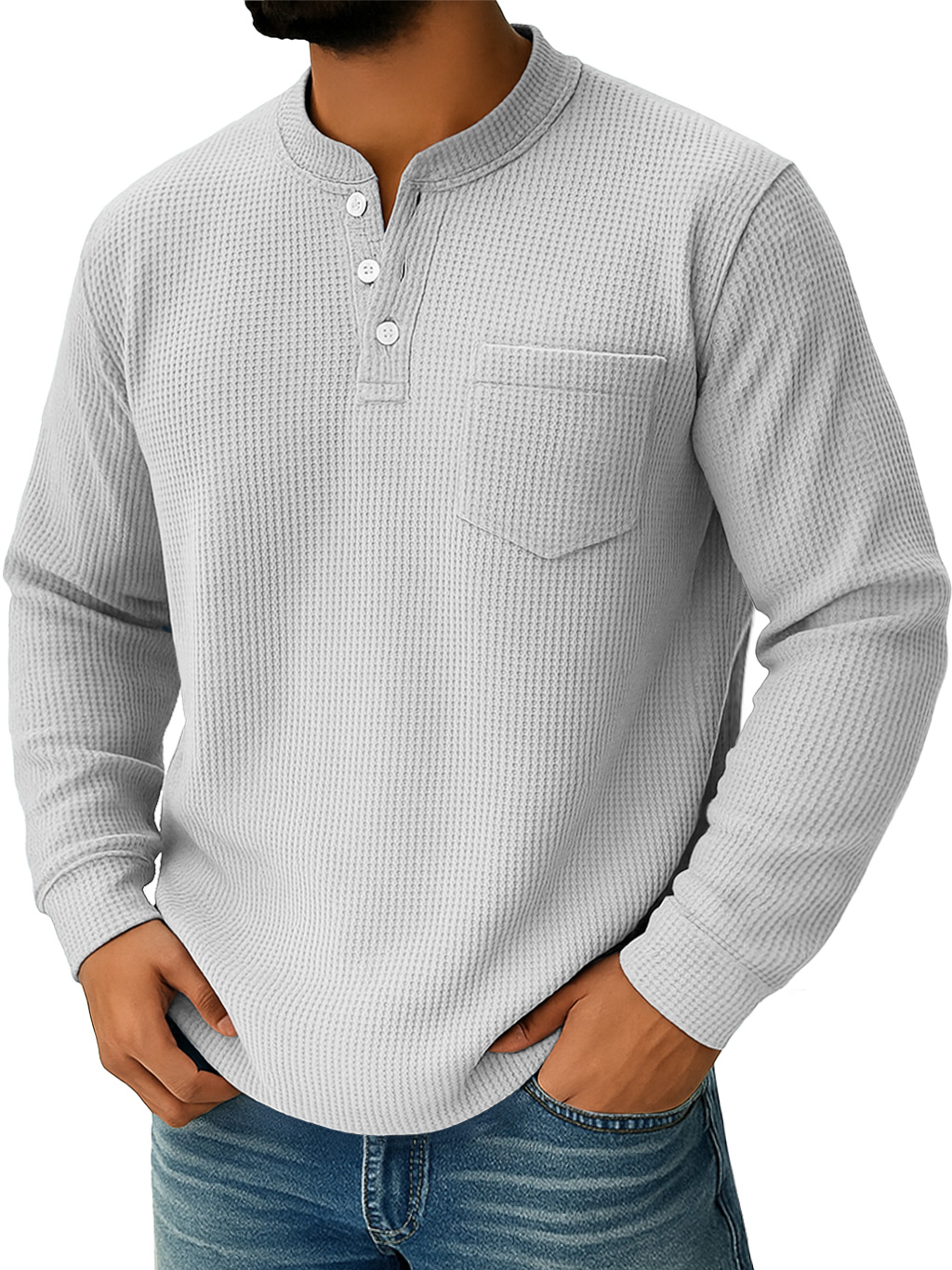Herren Alltags Waffelkragen Button-Down Freizeit Langarm Henley-deurabatt