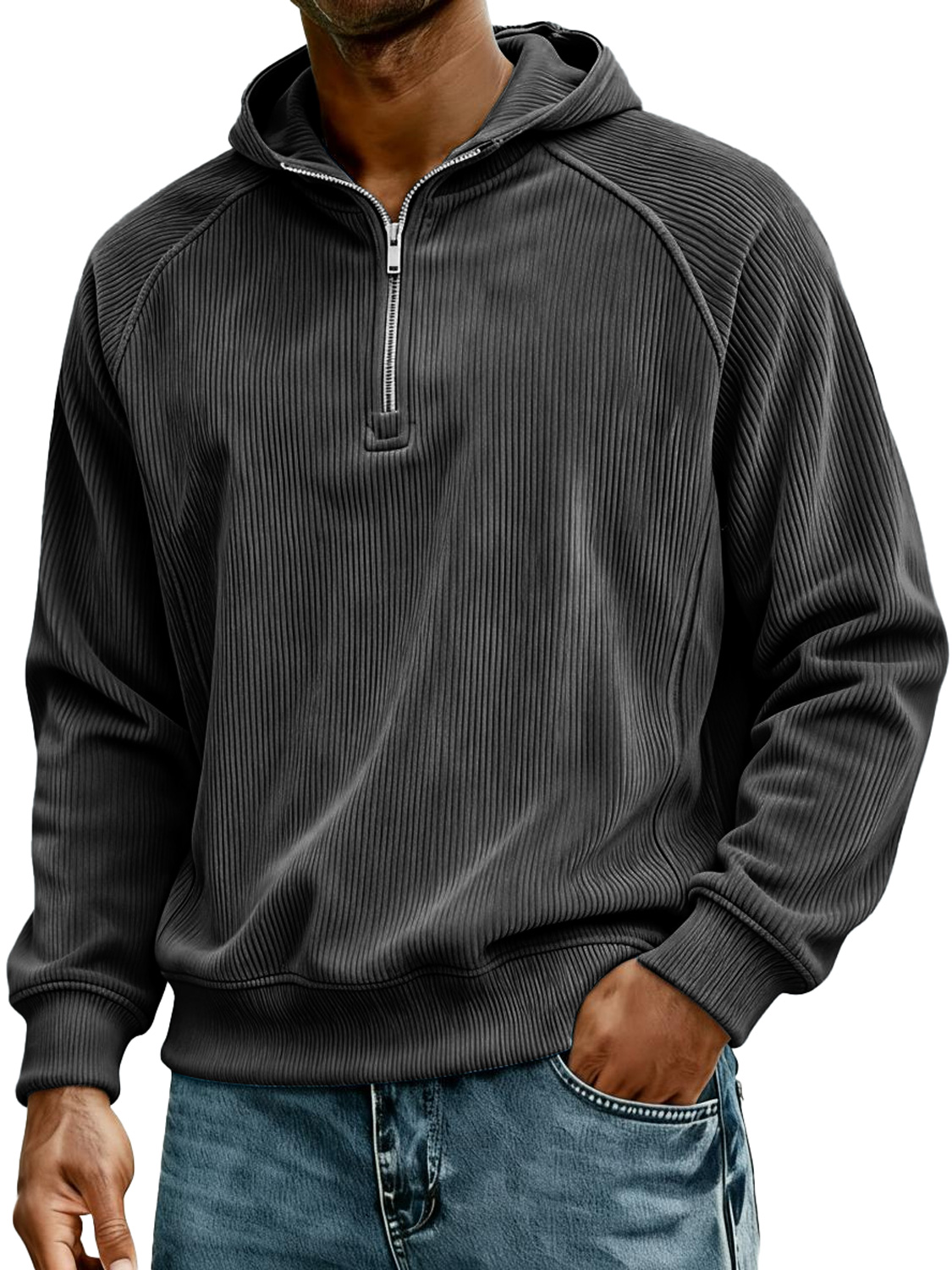 Herren Retro Corduroy Raglan Kapuzenpullover mit Reißverschluss-deurabatt