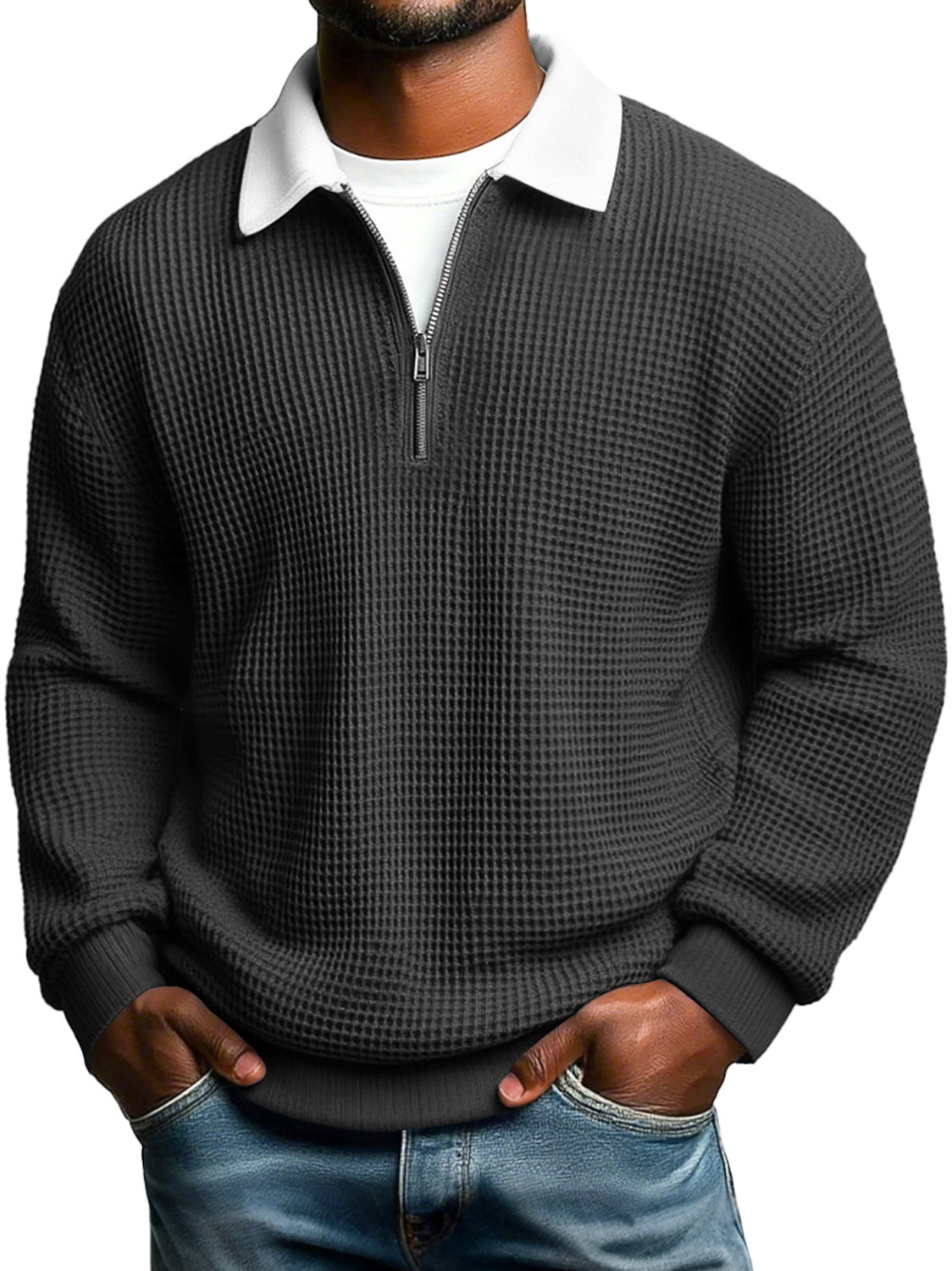 Einfaches Waffelstrick-Kragen-Zip-Up-Lässiges Lockeres Langarm-Polo-Shirt-deurabatt