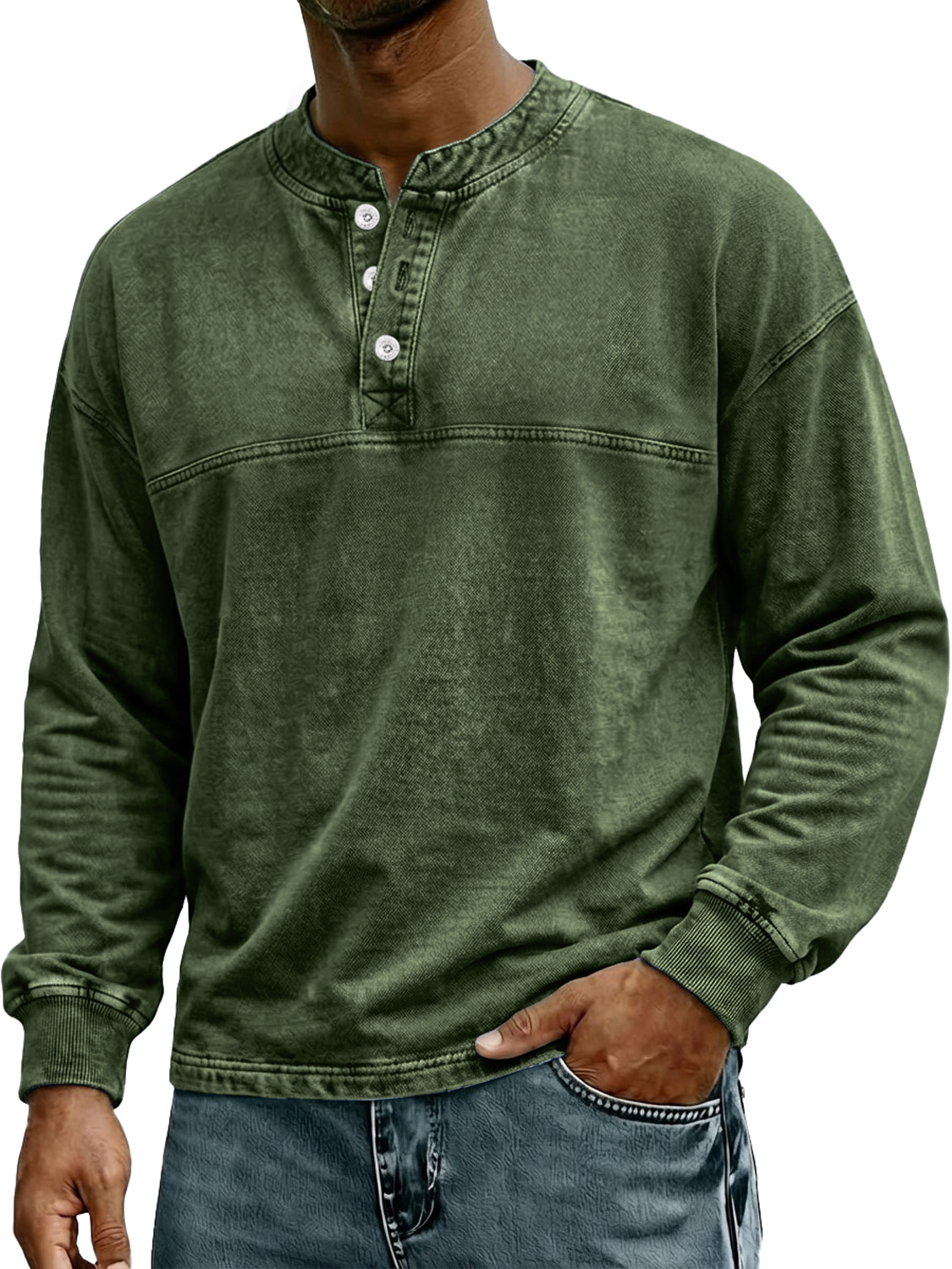 Herren Retro-Stil Stehkragen Knopf Freizeit Langarm Henley Hemd-deurabatt