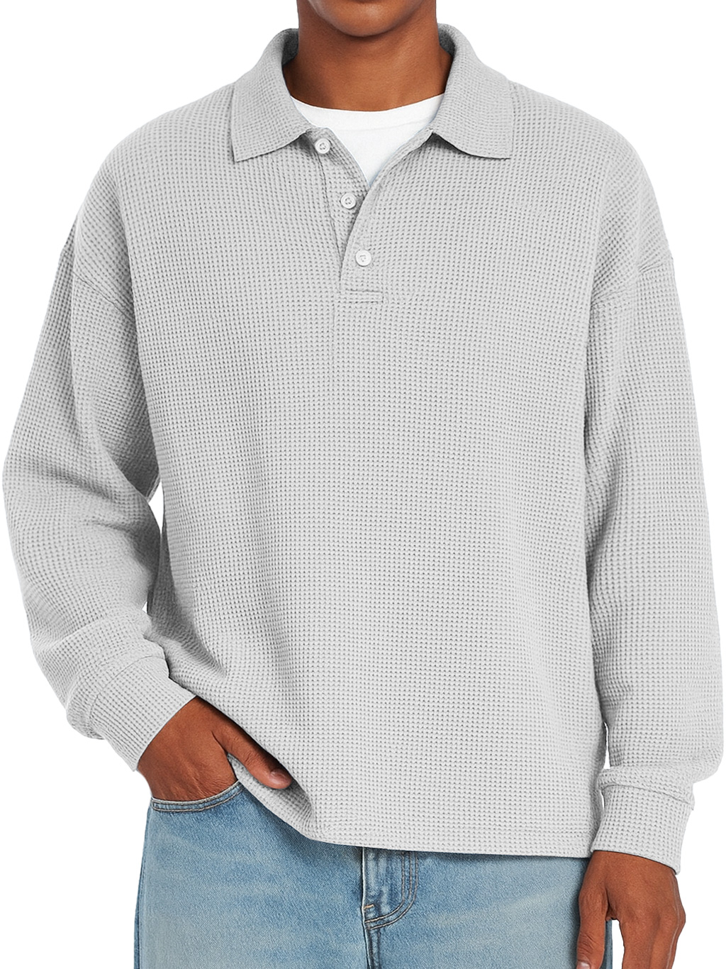 Herren Daily Waffle Freizeit Revers Knopf Locker Langarm Polohemd-deurabatt