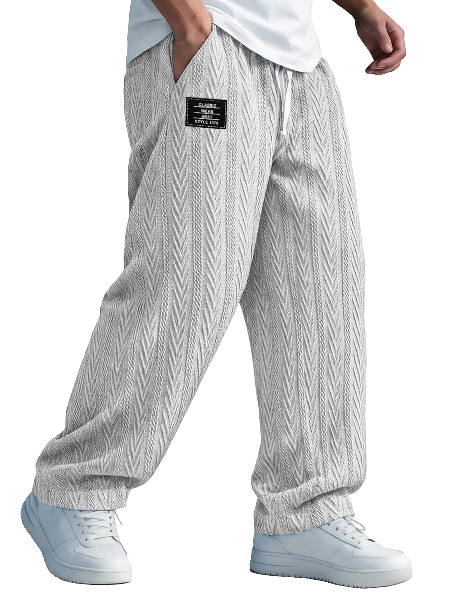 Herren einfarbige Jacquard-Textur Freizeit-Hosen mit elastischem Bund und gesticktem Logo.-deurabatt