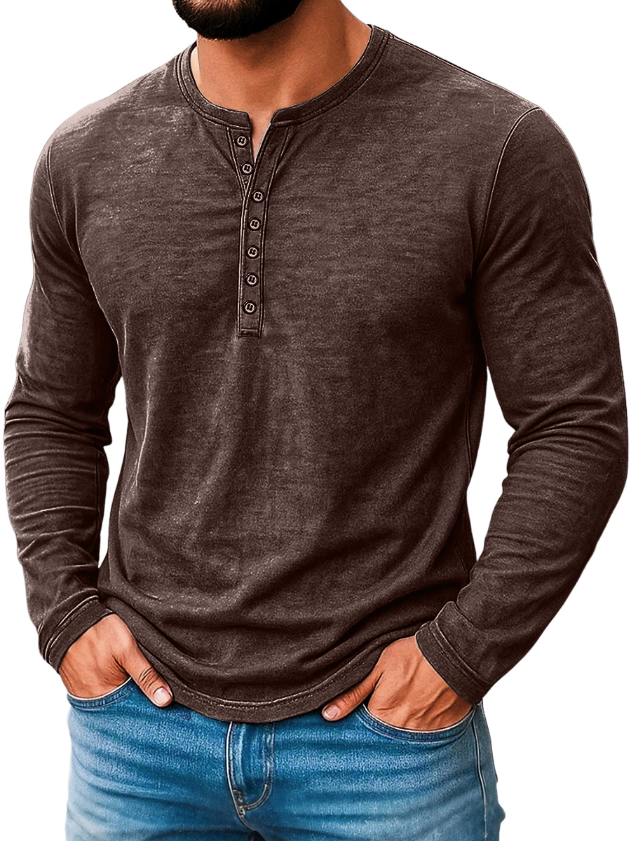Herren Vintage Abgenutztes Baumwolle Lässig Knopf-Down Langarm Henley Hemd-deurabatt