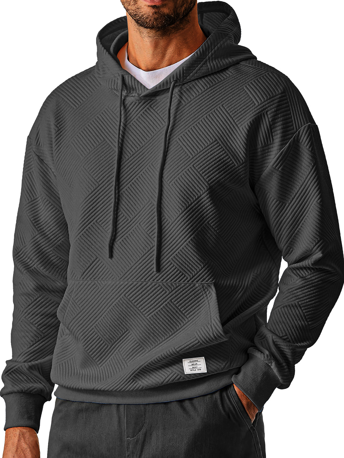 Herren Alltags Einfach Texturiertes Besticktes Logo Kapuzenpullover mit langen Ärmeln-deurabatt