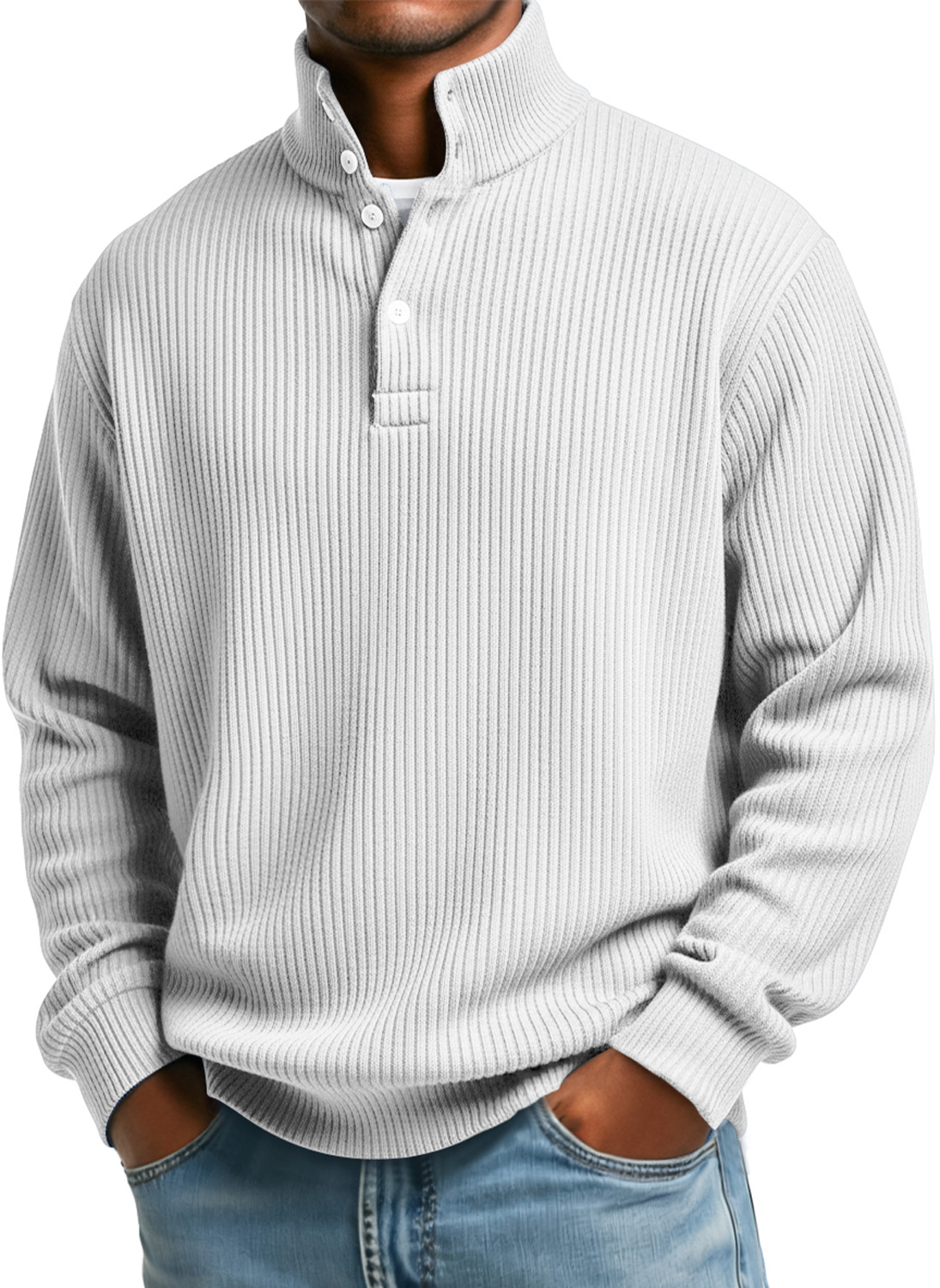 Herren Sweatshirt mit vertikalen Streifen, Stehkragen, Knopf, lässig und locker-deurabatt
