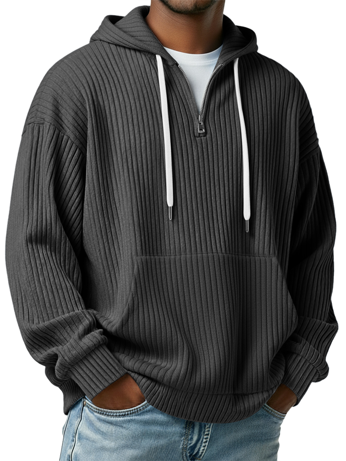 Herren Einfaches Rippstrick Kapuzenzipper Lässiger Lockere Sweatshirt-deurabatt