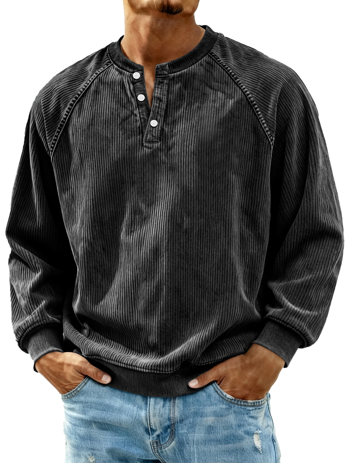 Herren Retro Corduroy Raglan Freizeit Langarm Henley Shirt-deurabatt