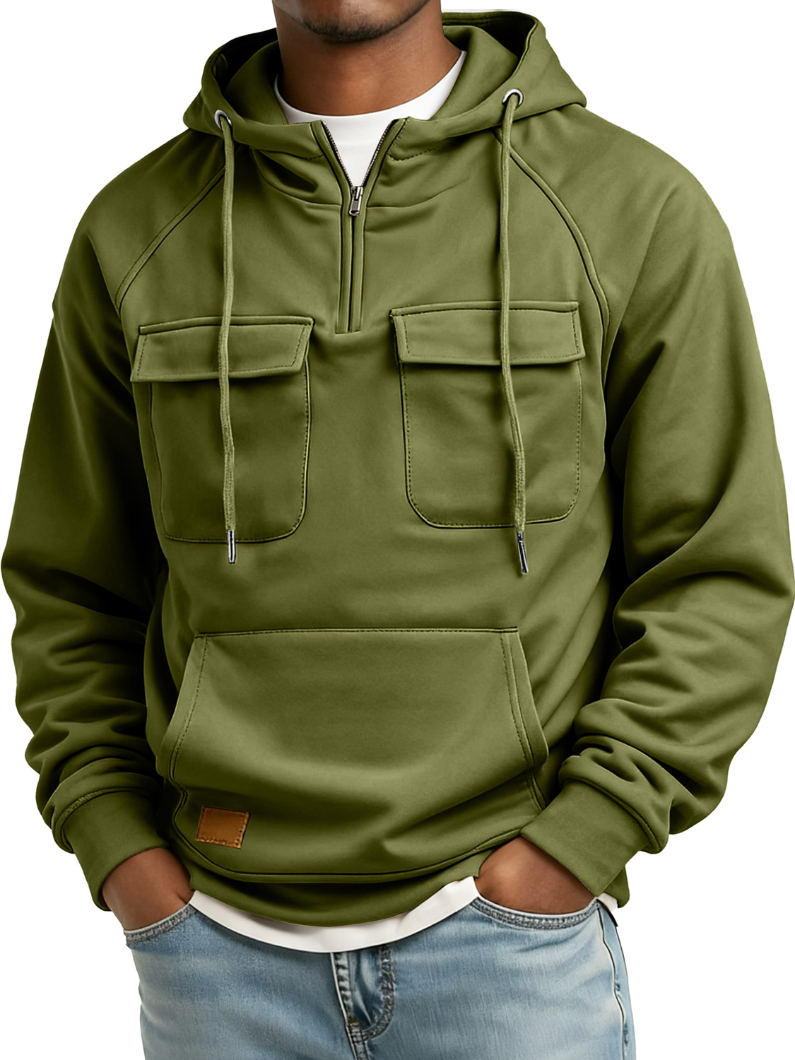 Herren Retro Reißverschluss Doppelter Taschen Besticktes Logo Freizeit Hoodie-deurabatt